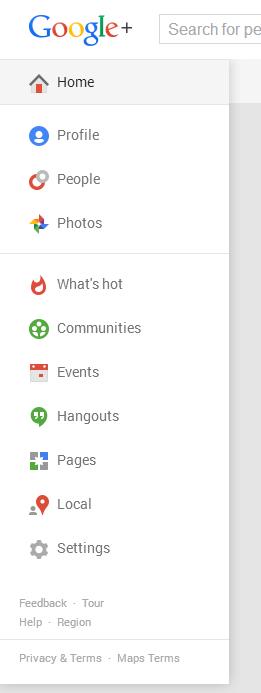 google+ main menu