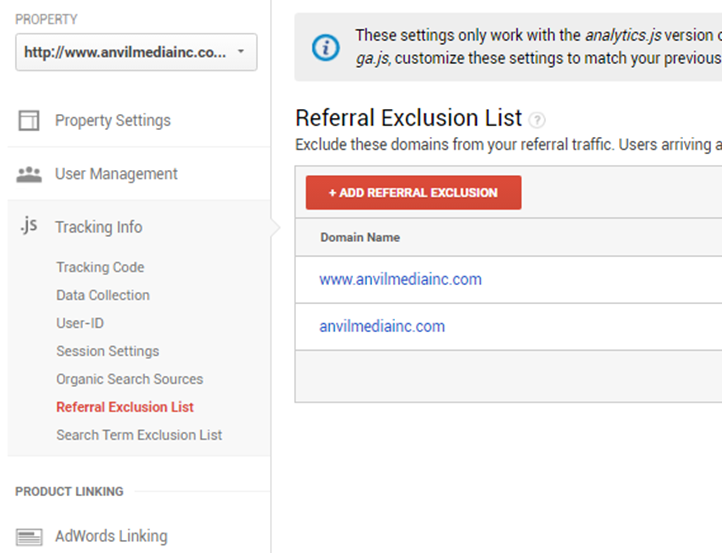filter self referrals in analytics with the referral exclusion list