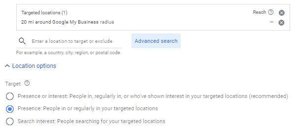 Google Ads location targeting settings.